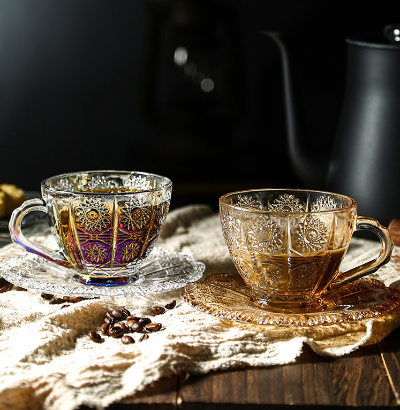 Vintage Style Glass Cappuccino Cup With Saucer Set Elegant Glass Tea Cup  Set With Baroque Style Print Tea Cup With Saucer Glass Mug -  Israel