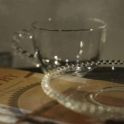 Raindrop Beads Handle Clear Glass Coffee Cup and Saucer