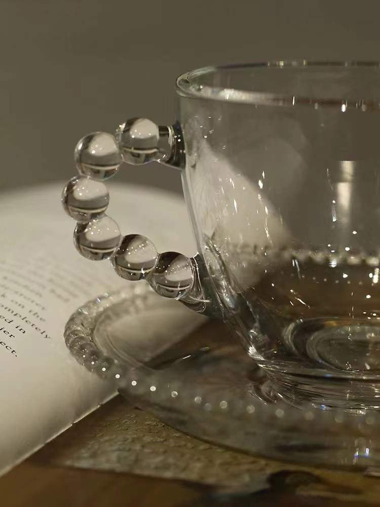 Raindrop Beads Handle Clear Glass Coffee Cup and Saucer