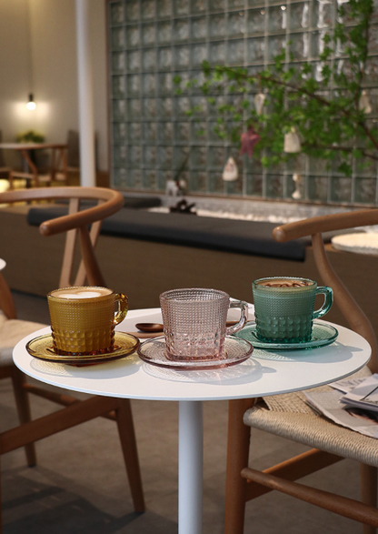 Textured Colored Glass Coffee Cups and SaucerOur Dining Table