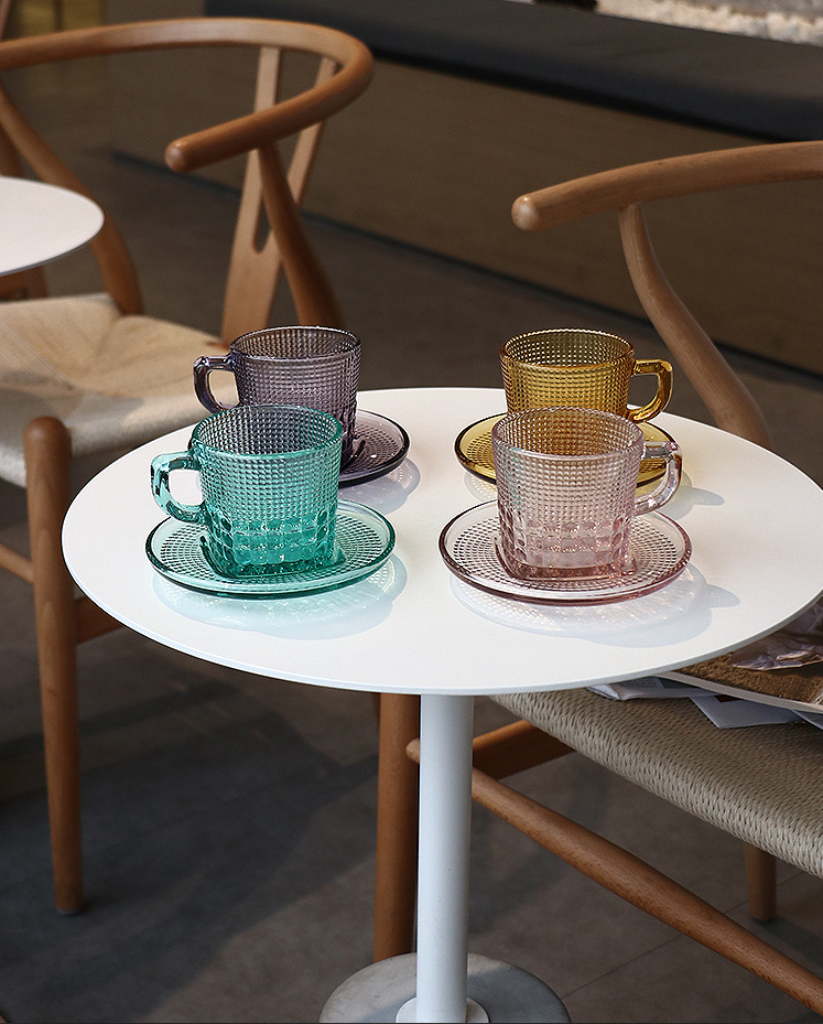 Colored Glass Coffee Cups and Saucer - Our Dining Table