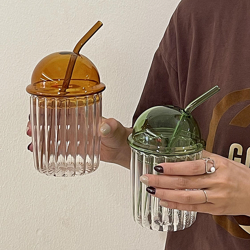 Dome Lid Glass Coffee Cup with Straw