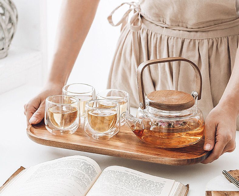 Glass Tea Set, Personalized Glass Teapot With Cups and Wood Tray